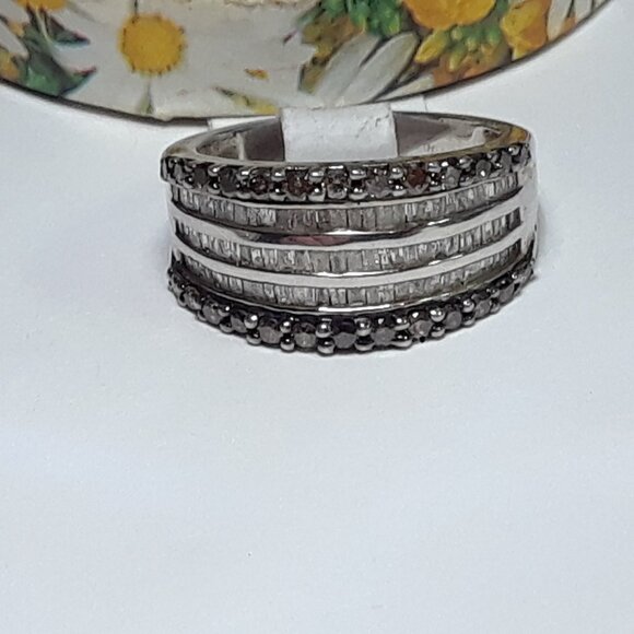 .97ctw Chocolate Brown &Wht Baguette Diamond 5Row Sterling Silver Band Ring19980 - Picture 5 of 5